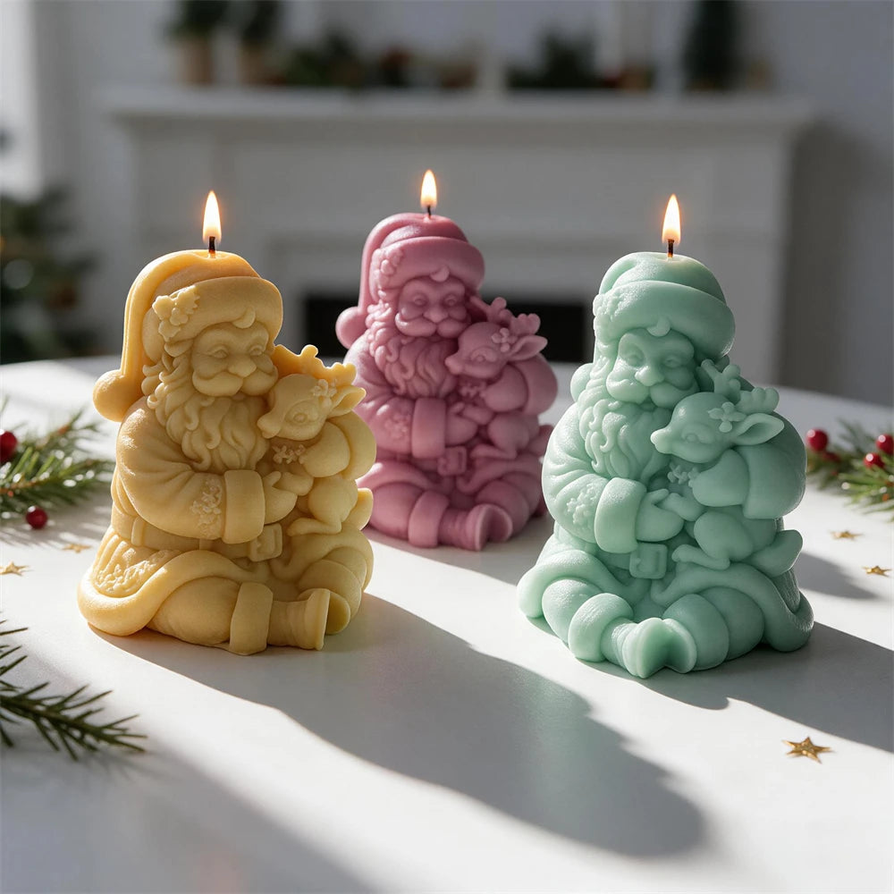 Sitting Santa Claus holding a small reindeer Christmas candle