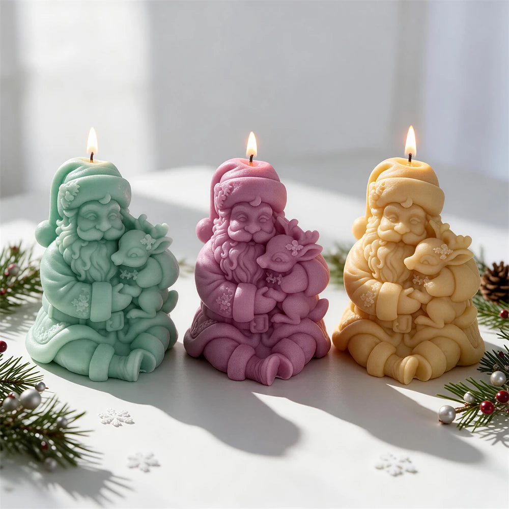Sitting Santa Claus holding a small reindeer Christmas candle
