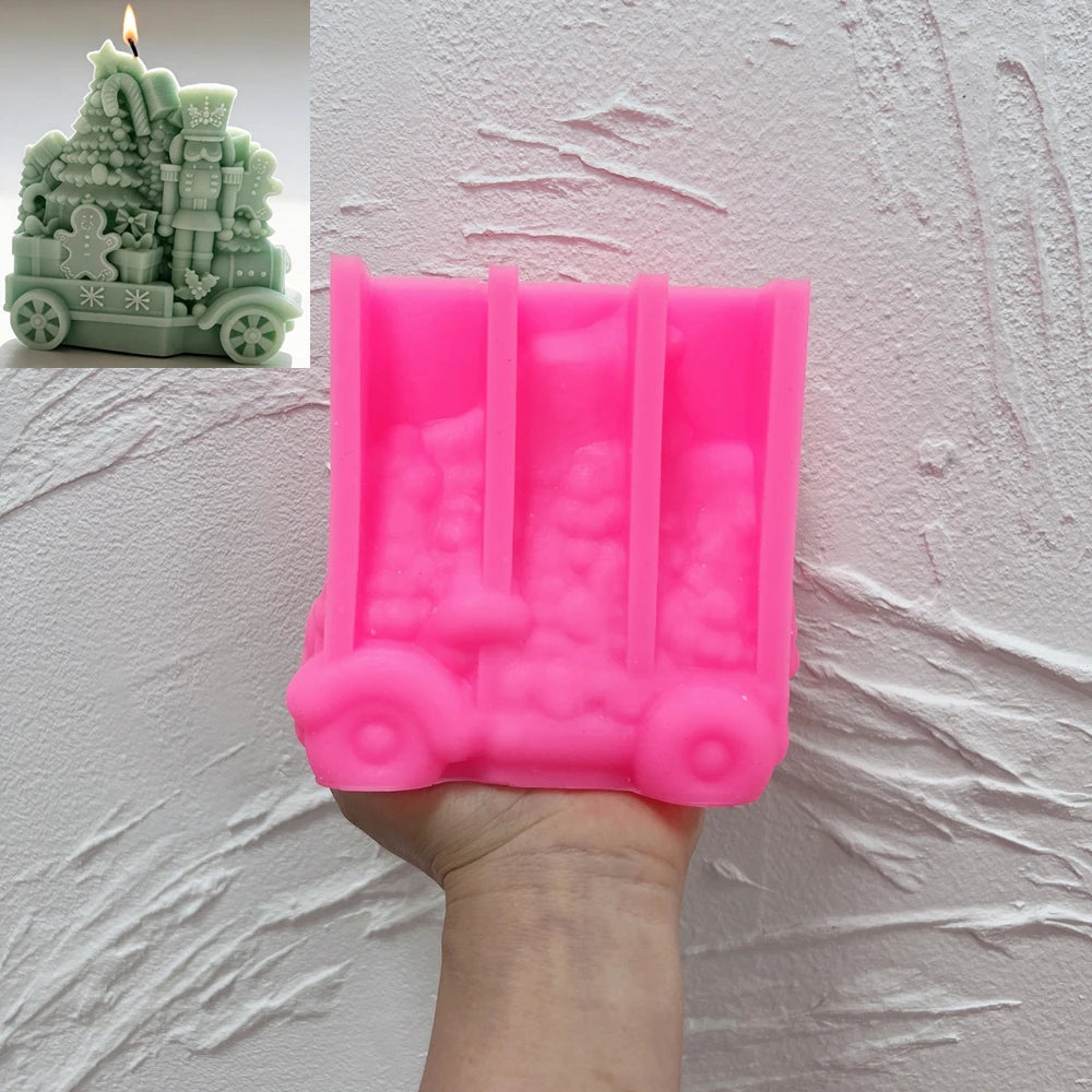 Nutcracker Christmas train silicone candle mold with festive toy decorations