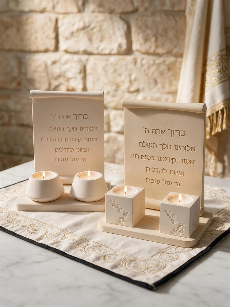 Shabbat blessing plaque displayed beside decorative candle holders