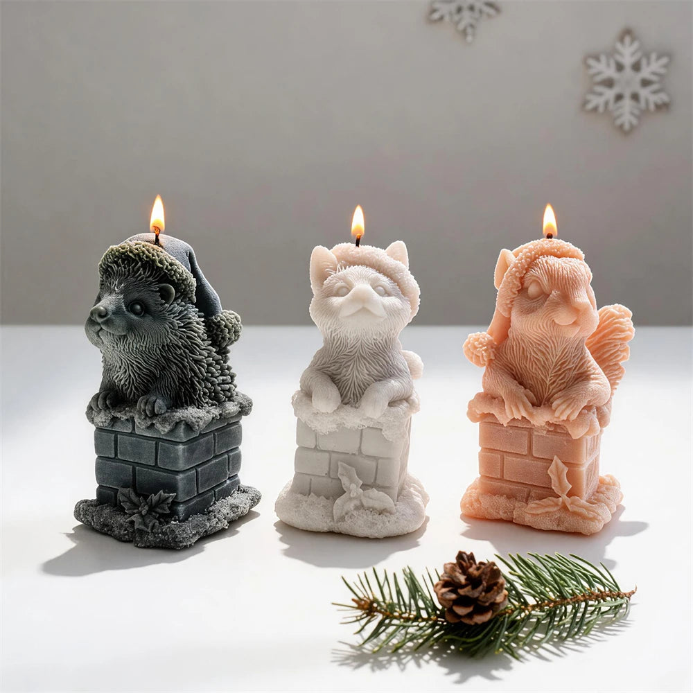 Christmas chimney animal candles with hedgehog cat and squirrel designs