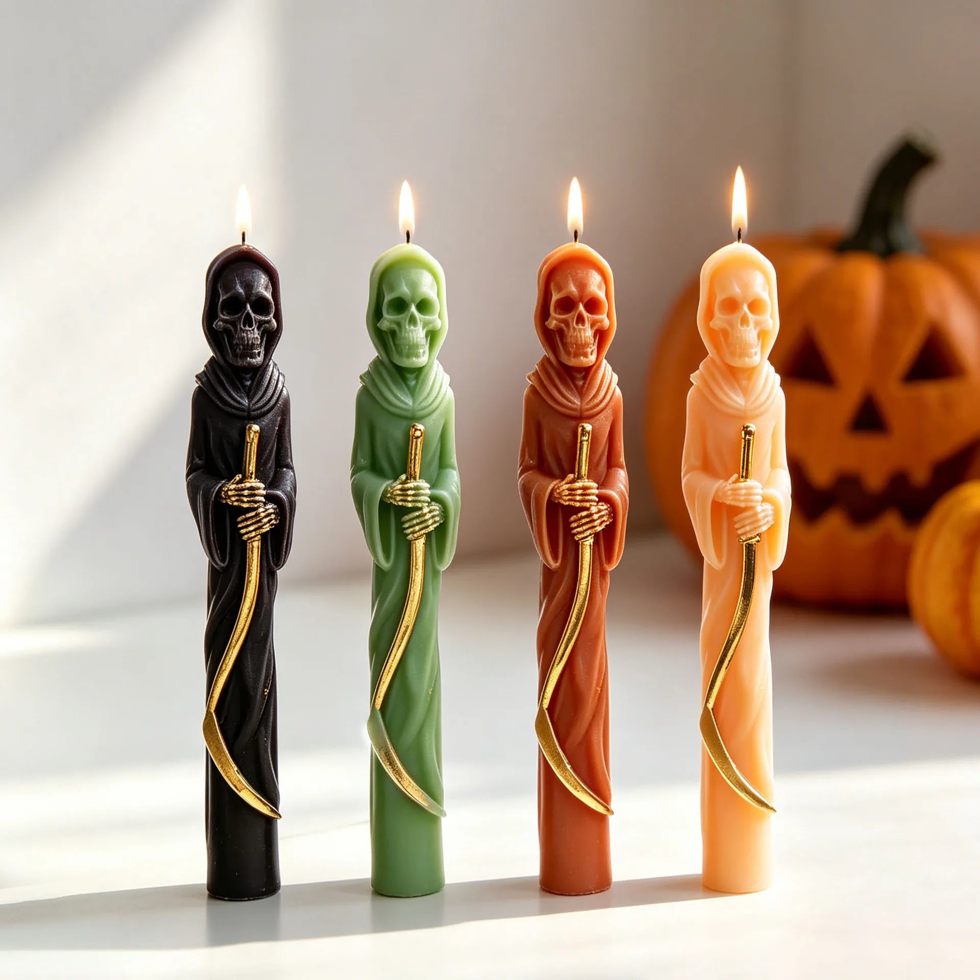 Grim Reaper taper candle with hooded skull and curved scythe
