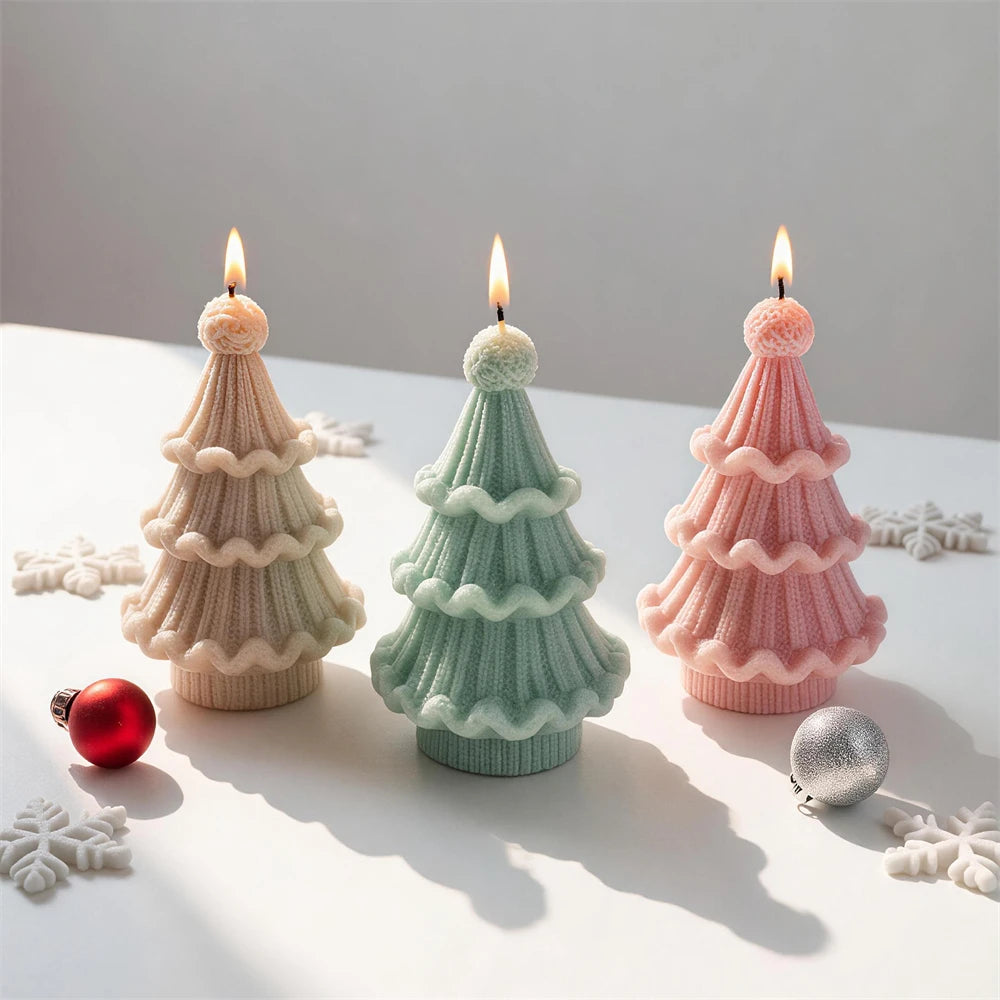 Cream sage pink and red knitted Christmas tree candles for festive décor