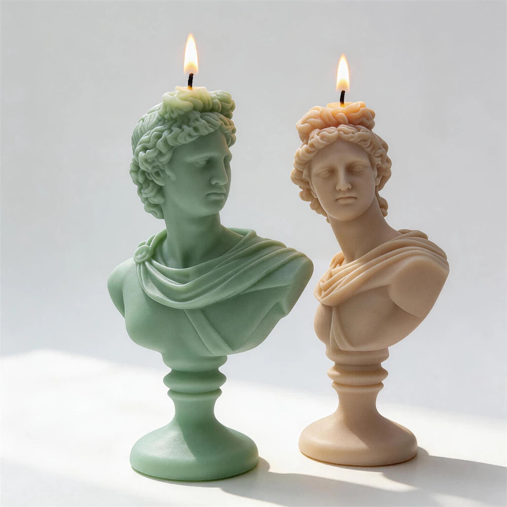 Finished Apollo bust soy candle released from its silicone mold.
