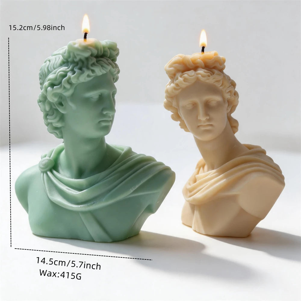 Apollo Greek statue silicone candle mold standing on a shelf.