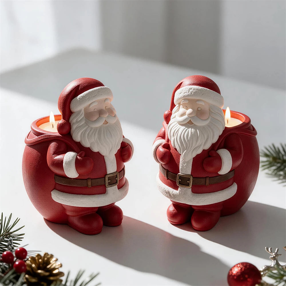 Santa candle vessel with wax-filled cavity behind sculptural figure