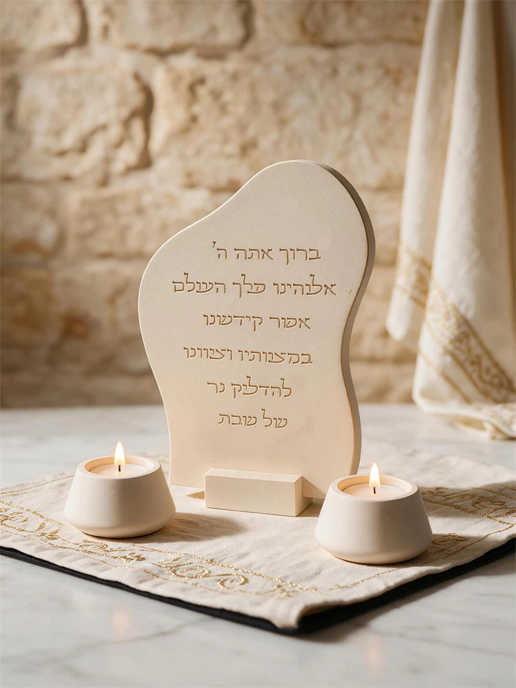 Wavy Hebrew Shabbat candle lighting blessing plaque on display stand