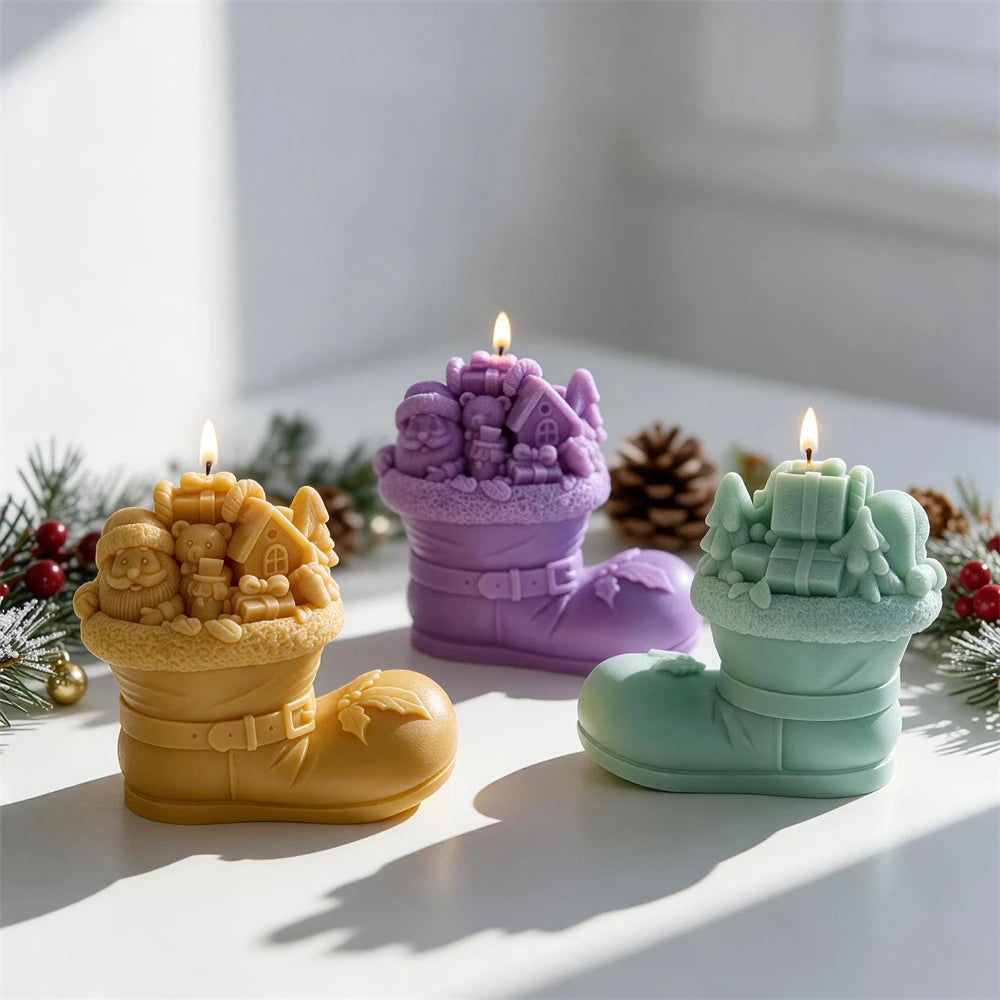 Santa Christmas boot candle with house gifts and pine trees