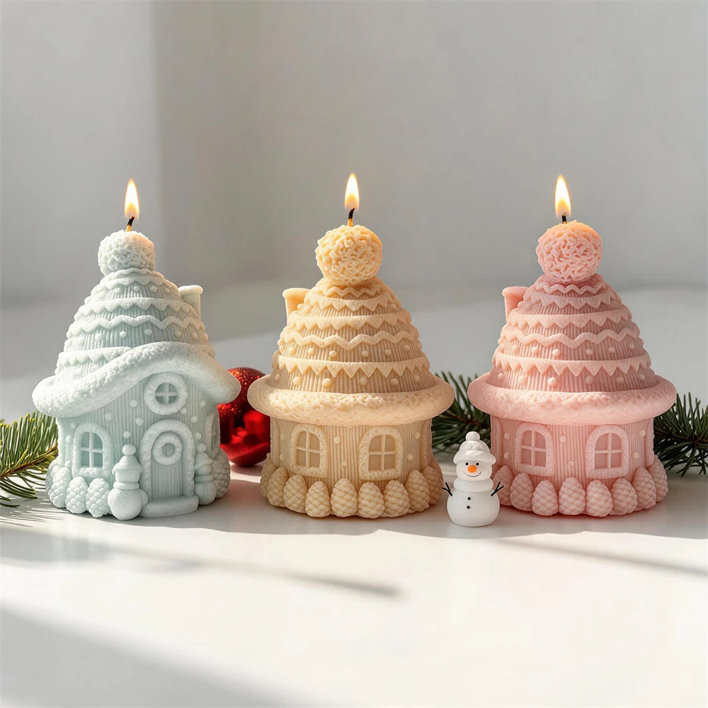 Sage cream pink and beige knitted Christmas cottage candles