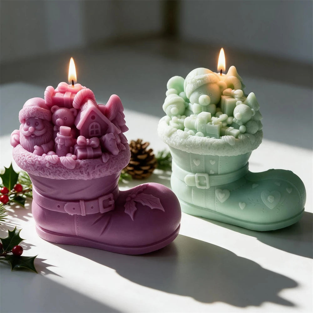 Santa & Bear Christmas Boot Silicone Candle Mold – 2 Designs