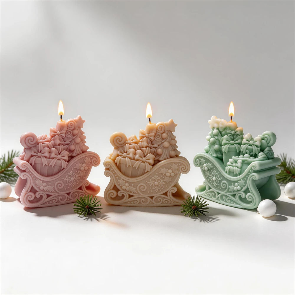 Ornate Christmas sleigh candle with gift boxes ornaments bows and star details
