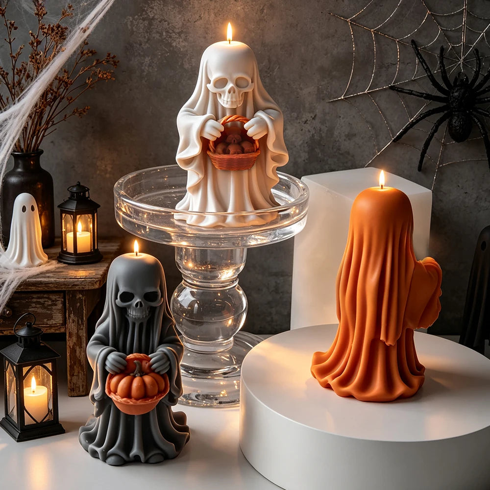 Hooded skull ghost candles with pumpkin and skull basket designs