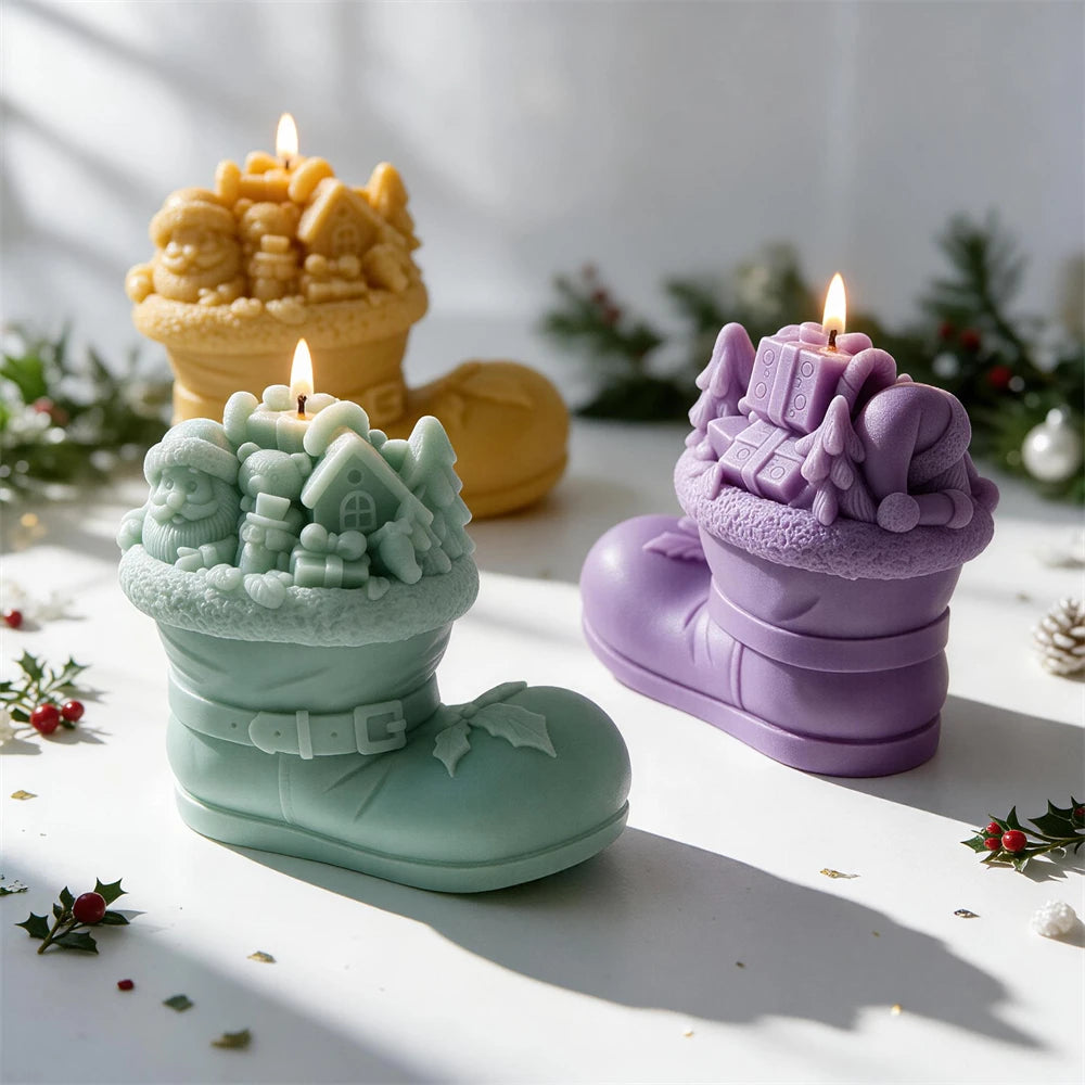 Santa Christmas boot candle with house gifts and pine trees