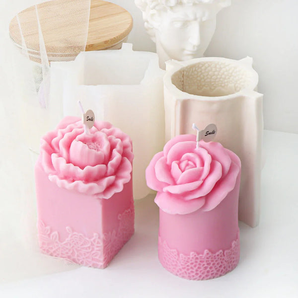 Lace Peony Square Pillar and Rose Cylindrical Silicone Candle Mold