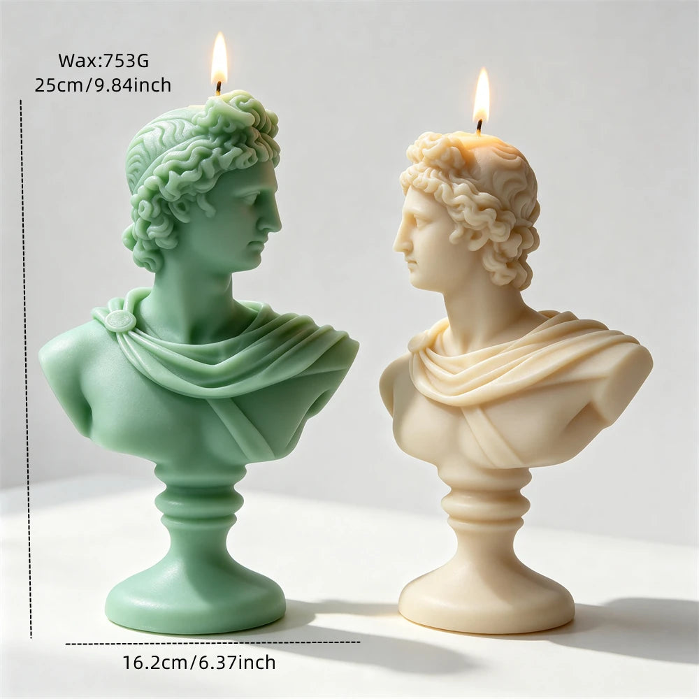 Finished Apollo bust soy candle released from its silicone mold.