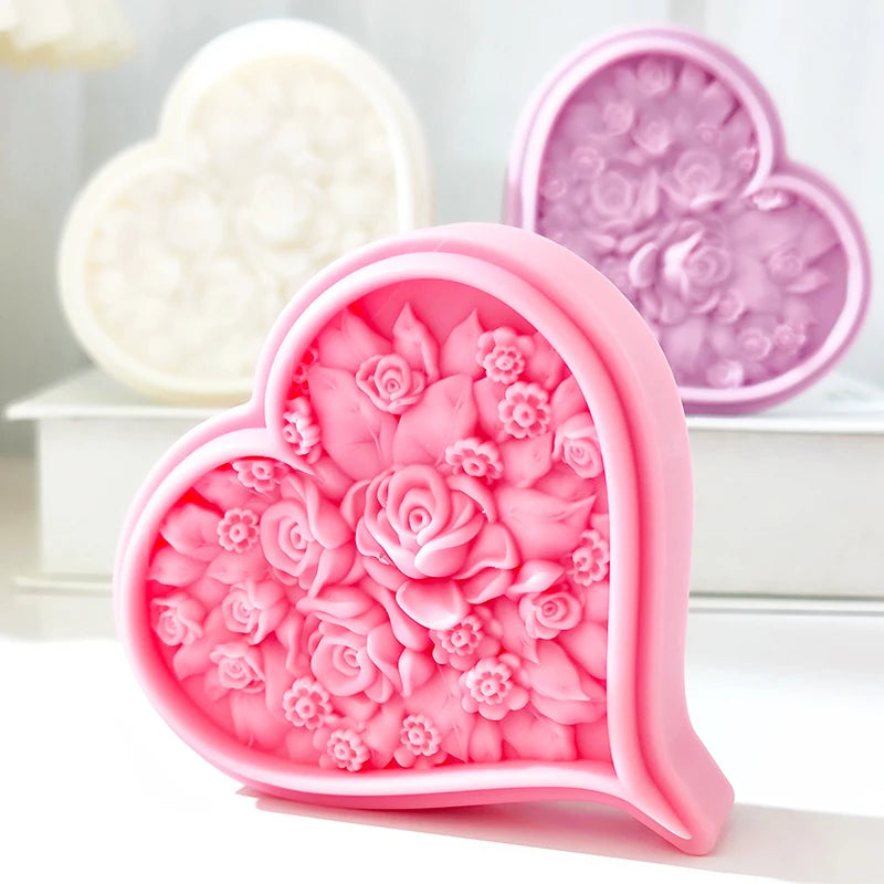 Rose Blossom Heart Shape Silicone Candle Mold