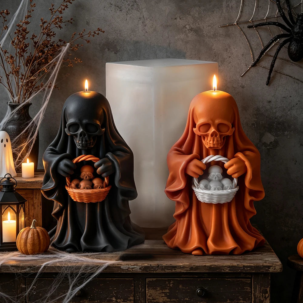 Hooded skeleton candle carrying basket filled with miniature skulls