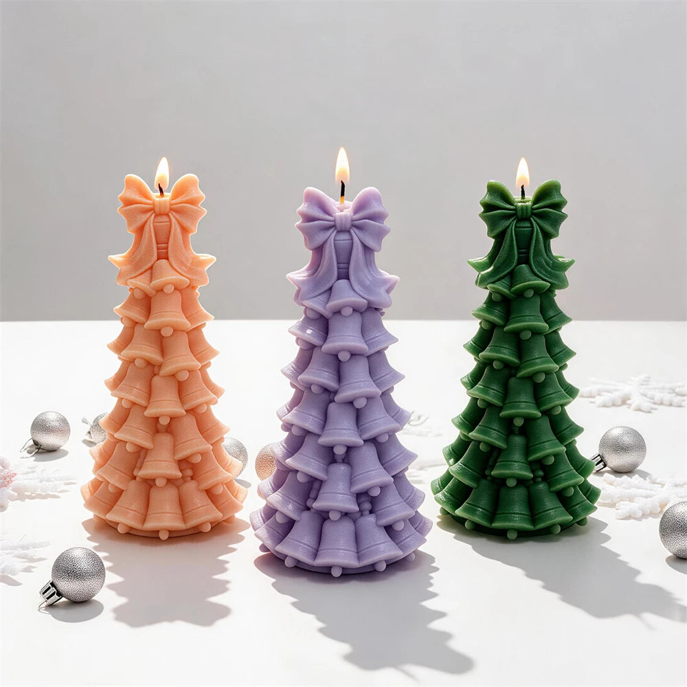 Green orange and purple bell Christmas tree candles for festive décor