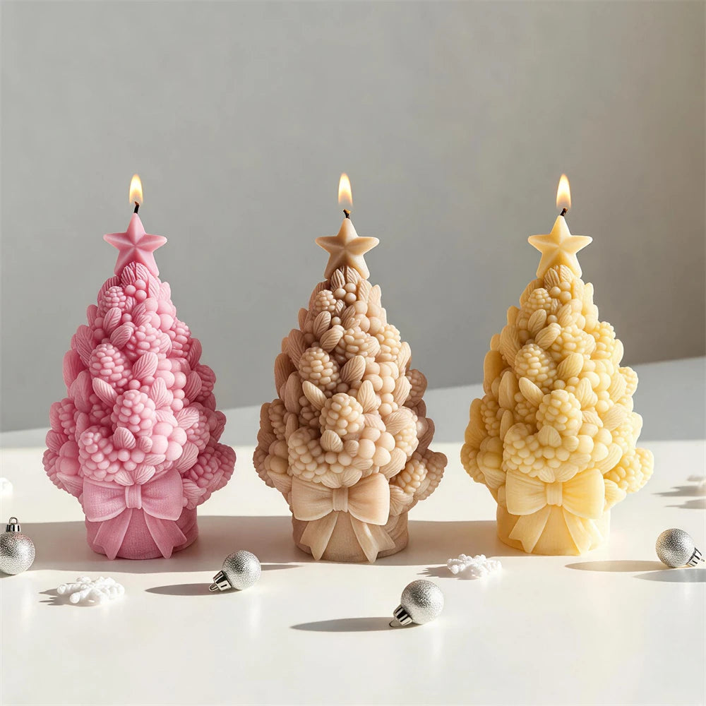 Pinecone bouquet Christmas tree candles with star toppers and ribbon bows