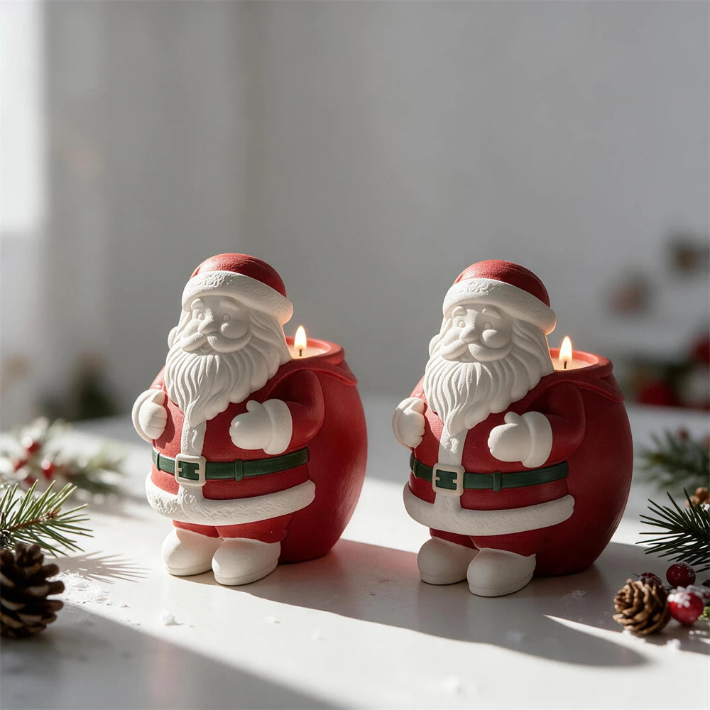 Red and white Santa candle jars with open rear candle cavity