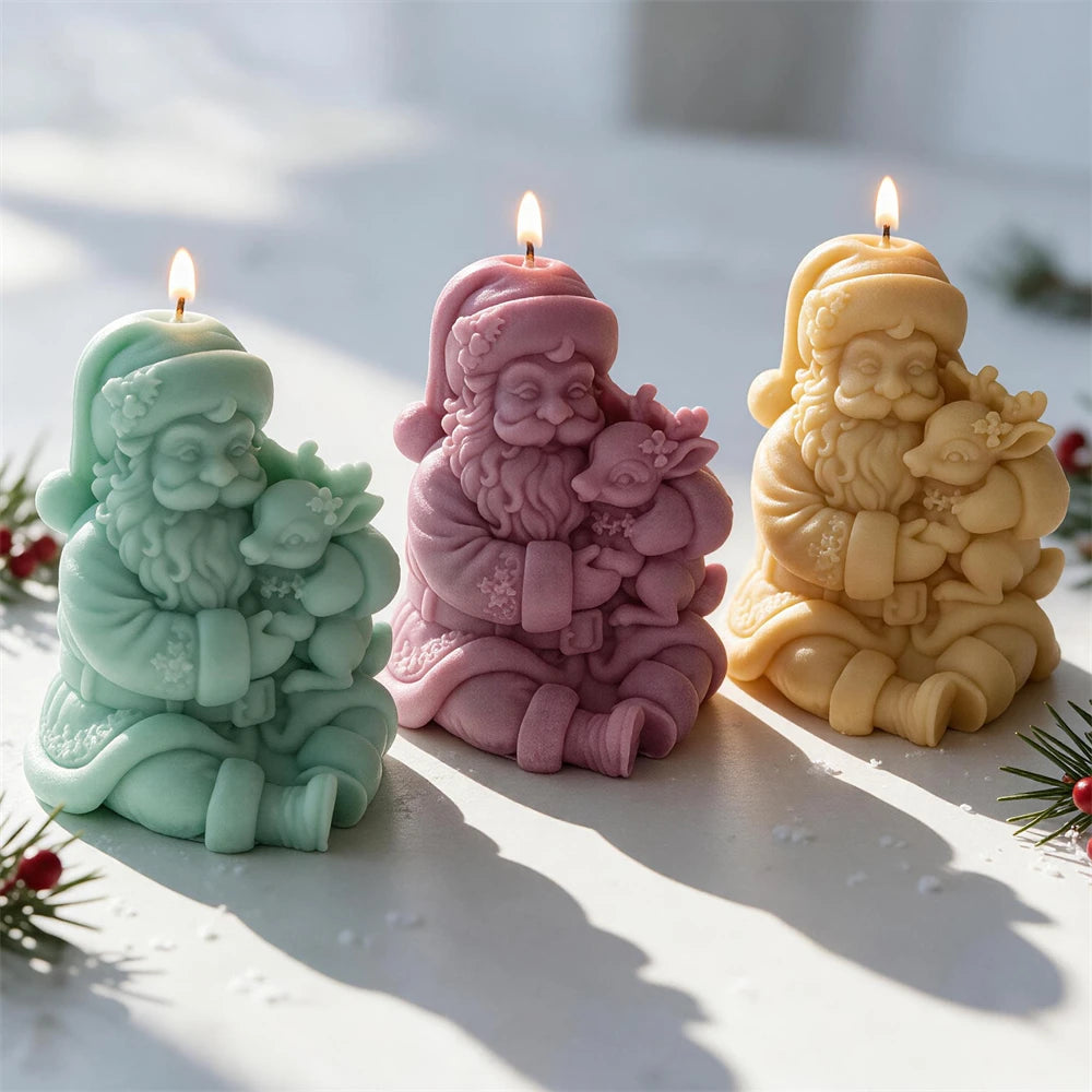 Sitting Santa Claus holding a small reindeer Christmas candle
