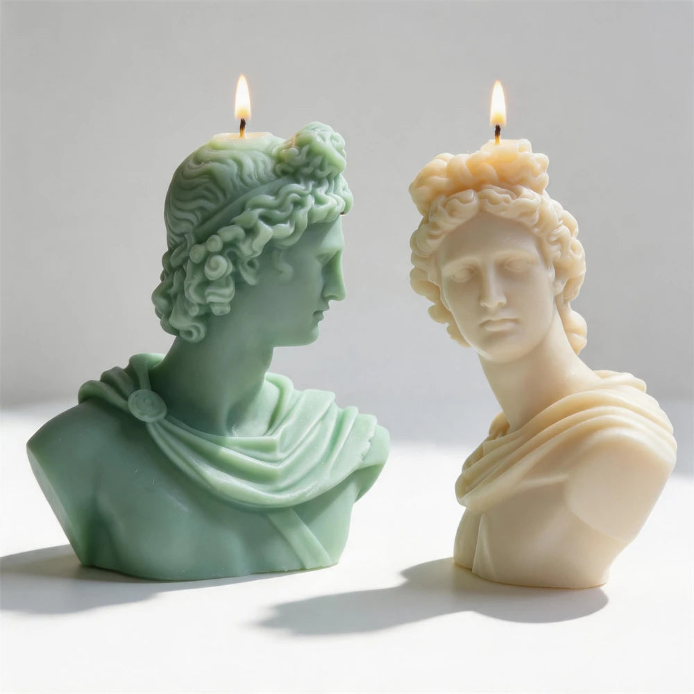 Apollo Greek statue silicone candle mold standing on a shelf.