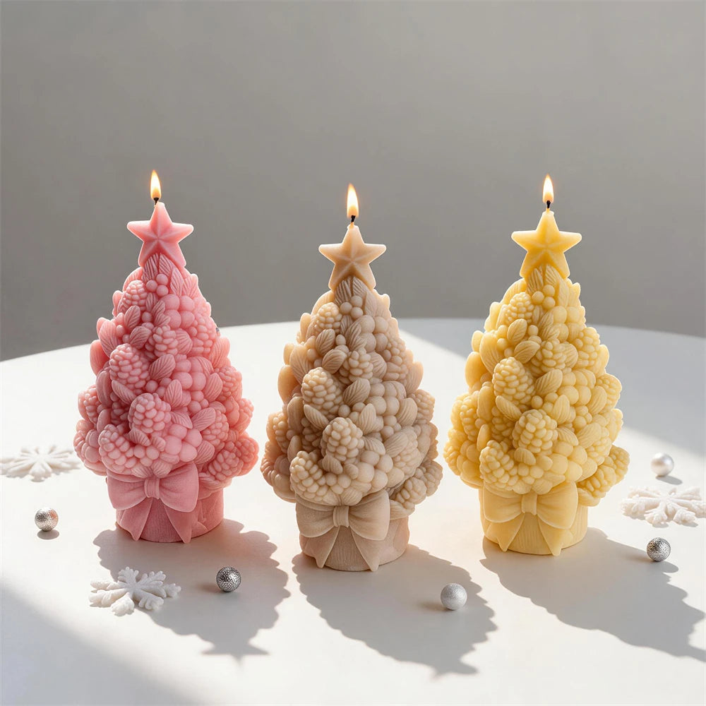 Pinecone bouquet Christmas tree candles with star toppers and ribbon bows