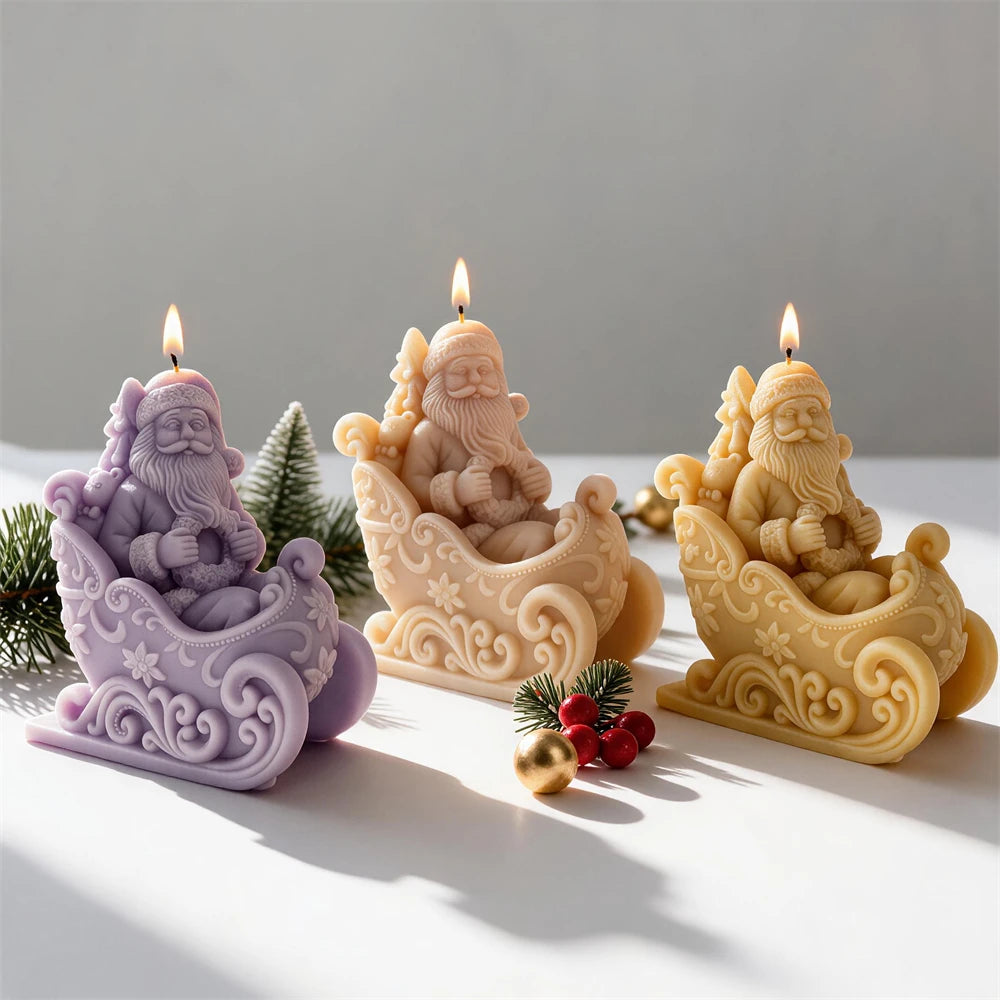 Santa Claus seated in ornate Christmas sleigh candles with decorative scrollwork