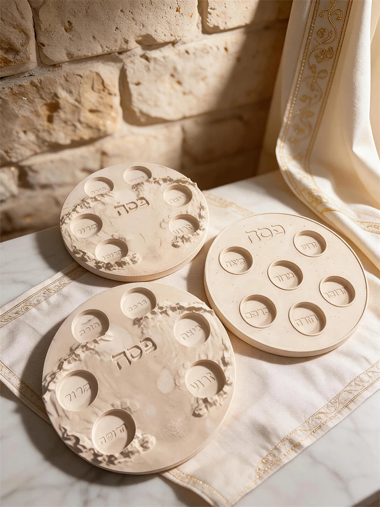 Pesach Seder plate with six Hebrew-labeled recessed sections