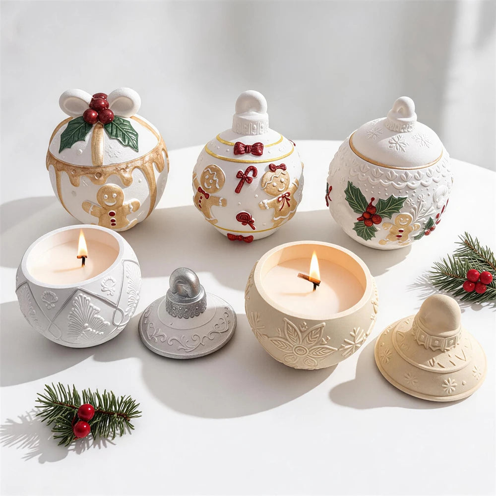 Five Christmas ornament container designs with hollow interiors and lids