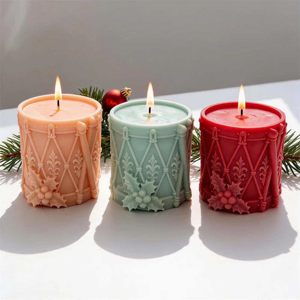 Red green pink and cream Christmas drum candles for holiday décor