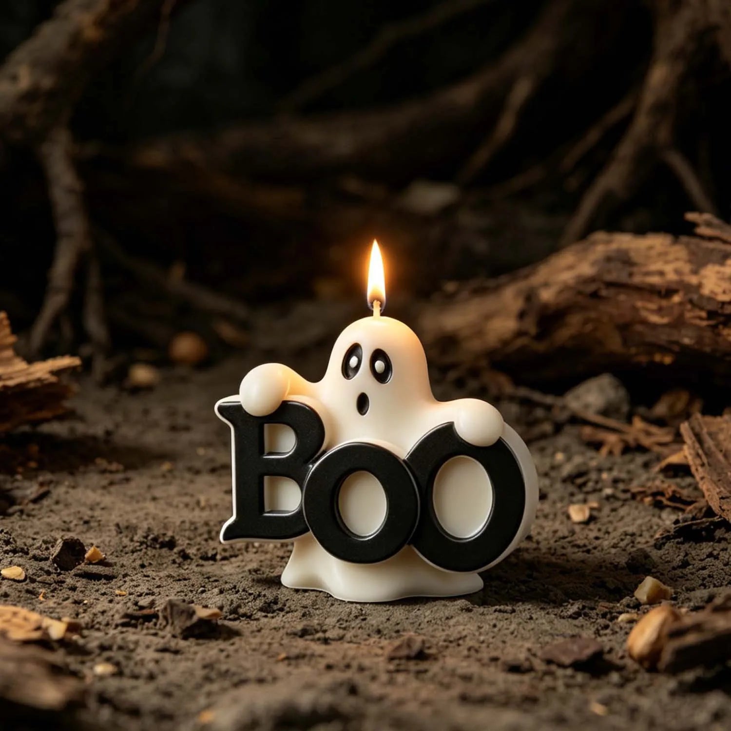 Friendly Halloween ghost candle with surprised face and BOO sign