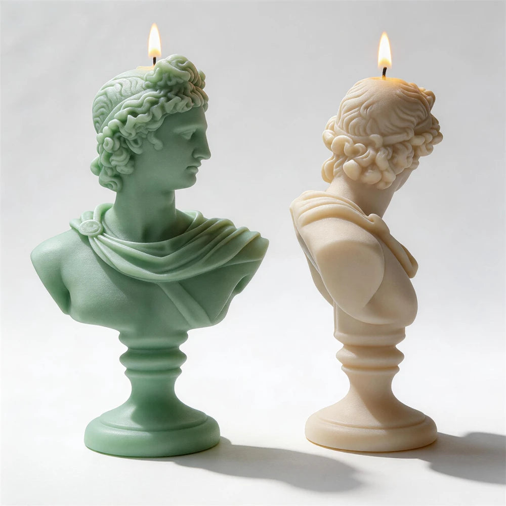 Finished Apollo bust soy candle released from its silicone mold.