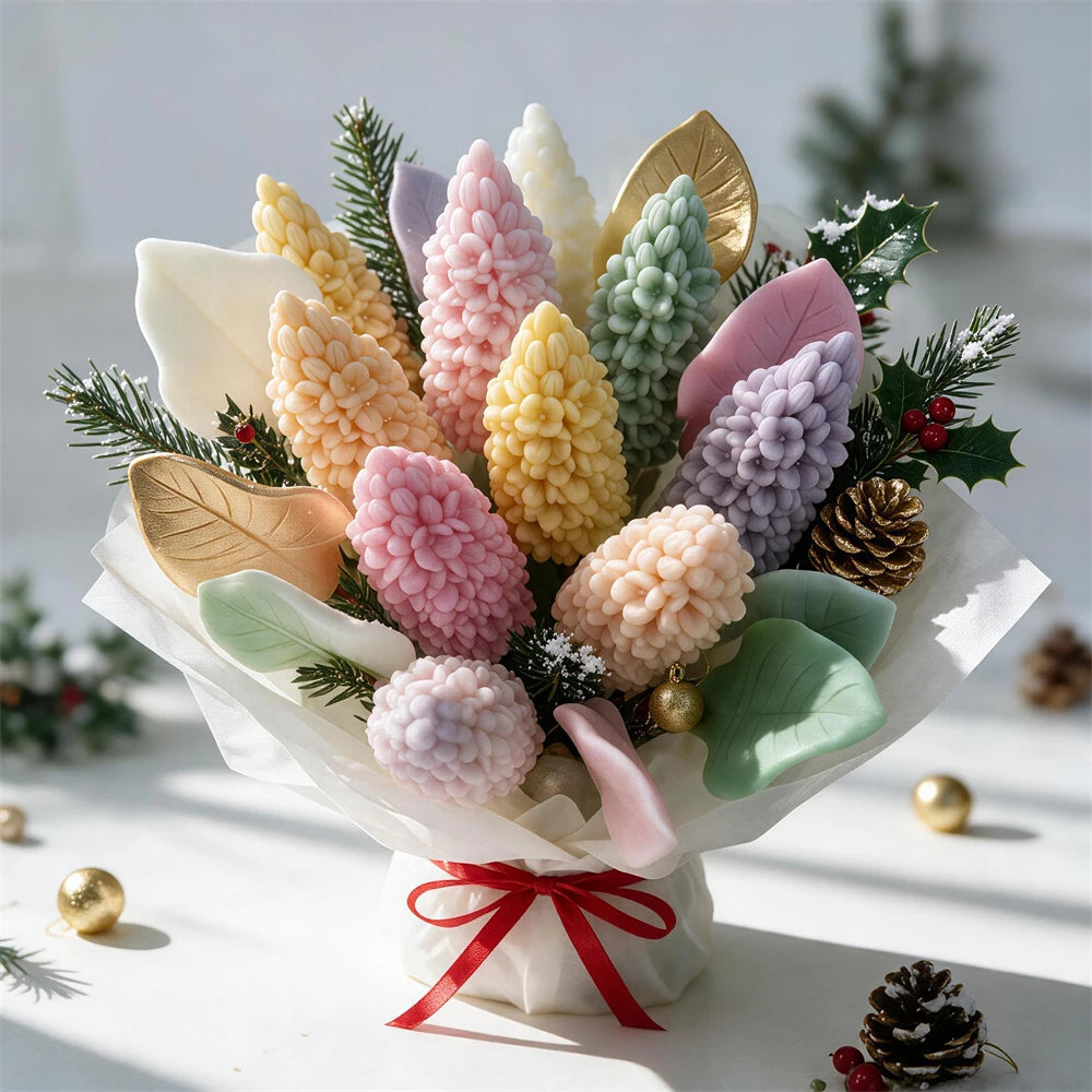 Lilac flower candles in pastel colours arranged as a floral candle bouquet