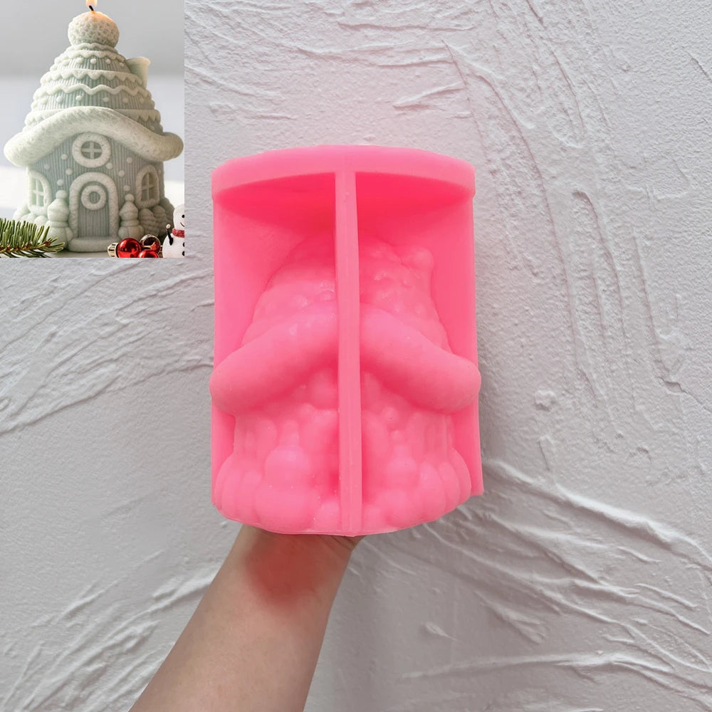 Knitted snow cottage silicone candle mold with detailed winter roof texture
