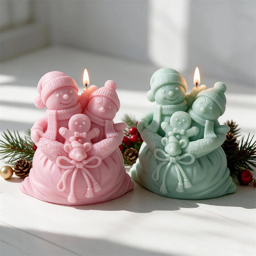 Two snowmen and gingerbread man silicone candle mold design