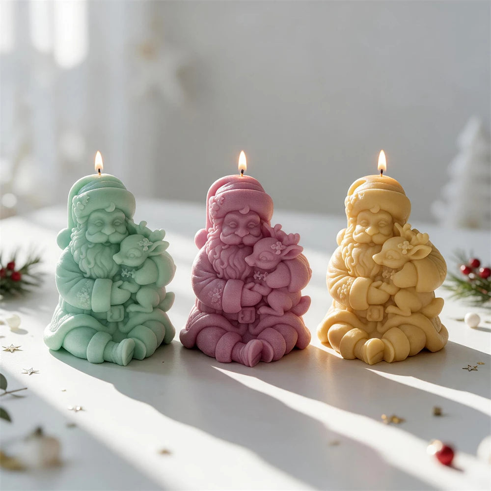 Santa holding reindeer silicone candle mold with detailed antlers