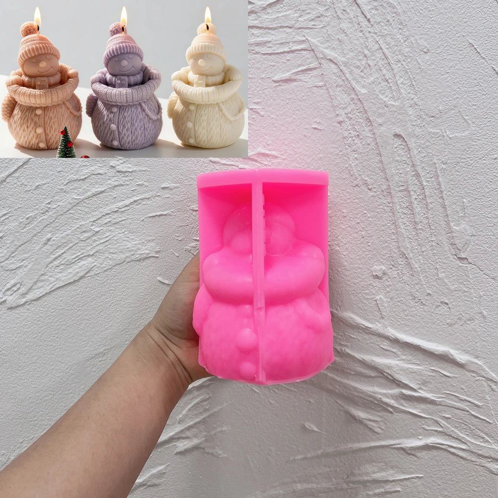 Knitted snowman silicone candle mold with detailed sweater texture