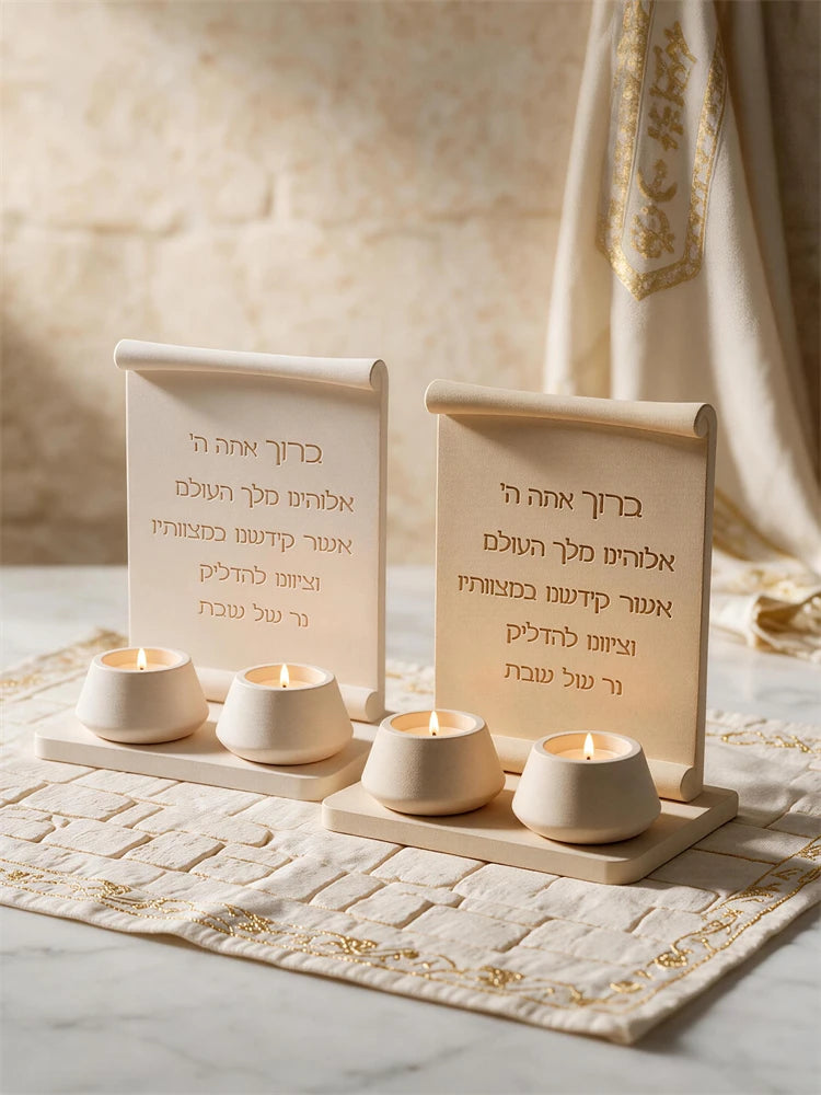 Hebrew Shabbat candle blessing scroll plaque on rectangular pedestal