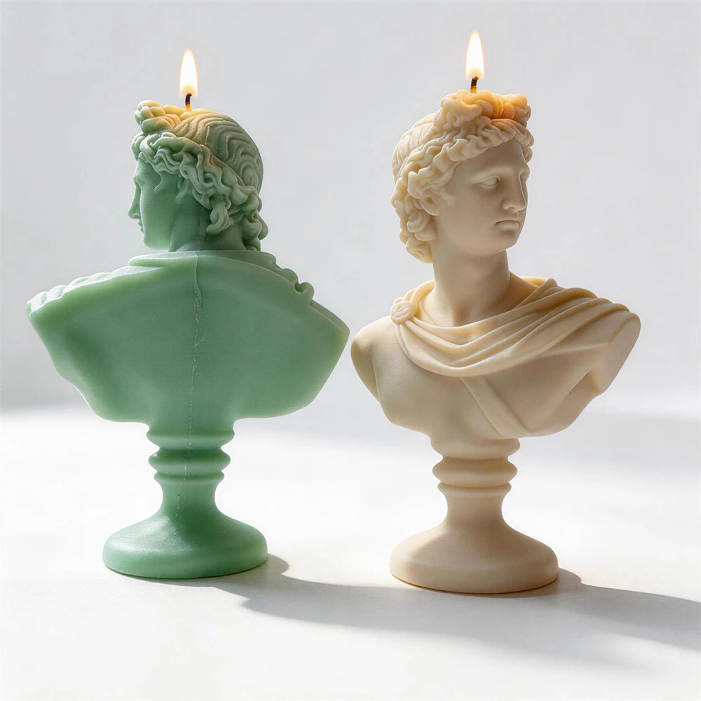 Finished Apollo bust soy candle released from its silicone mold.