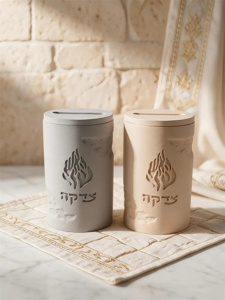 Two cylindrical Tzedakah charity boxes with Hebrew lettering and coin-slot tops