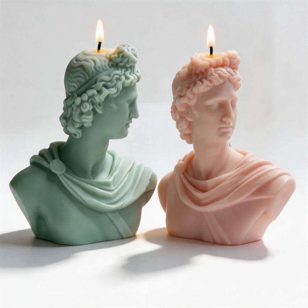 Apollo Greek statue silicone candle mold standing on a shelf.
