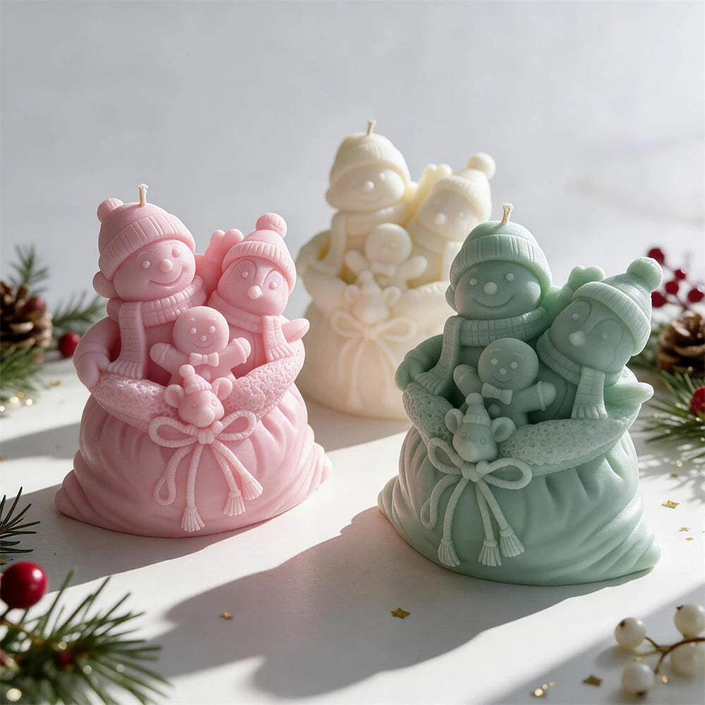 Snowman and gingerbread Christmas gift sack candle with bow