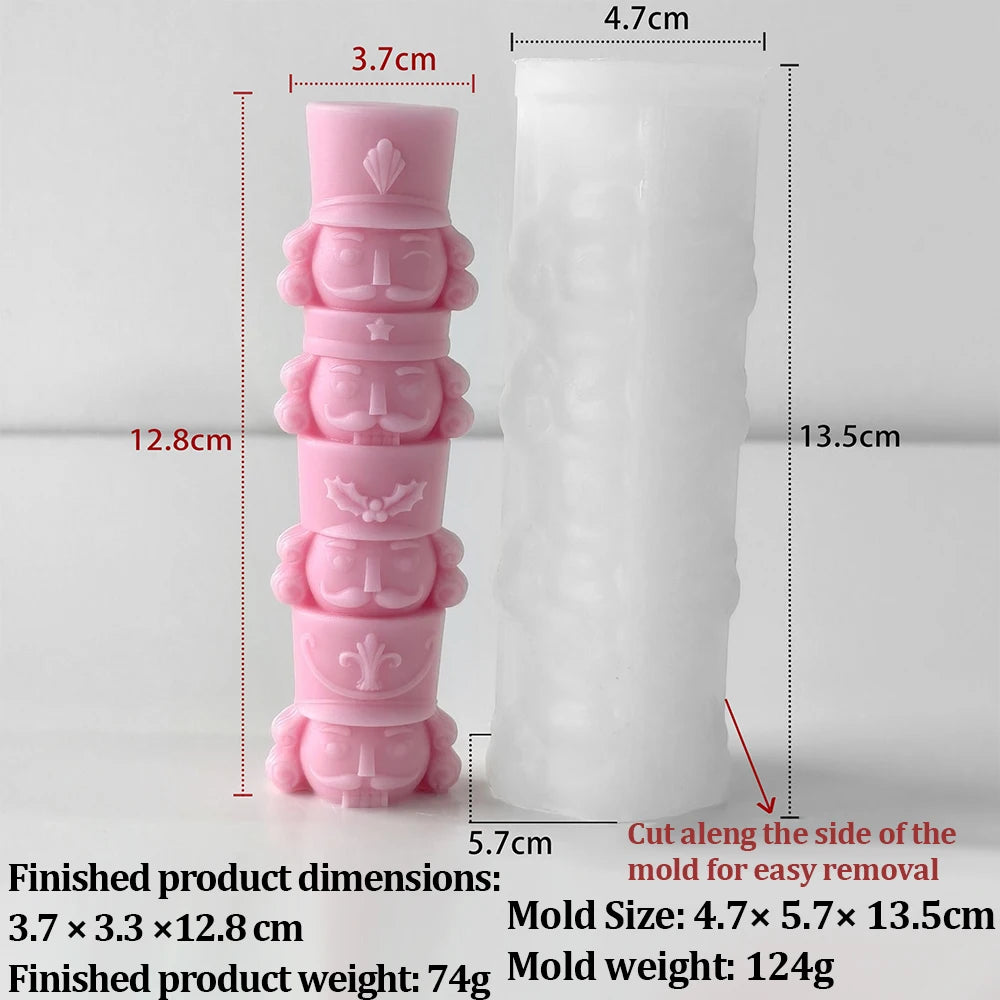 Dimension diagram for stacked nutcracker candle: finished sample 3.7 × 3.3 × 12.8 cm and silicone mold 4.7 × 5.7 × 13.5 cm