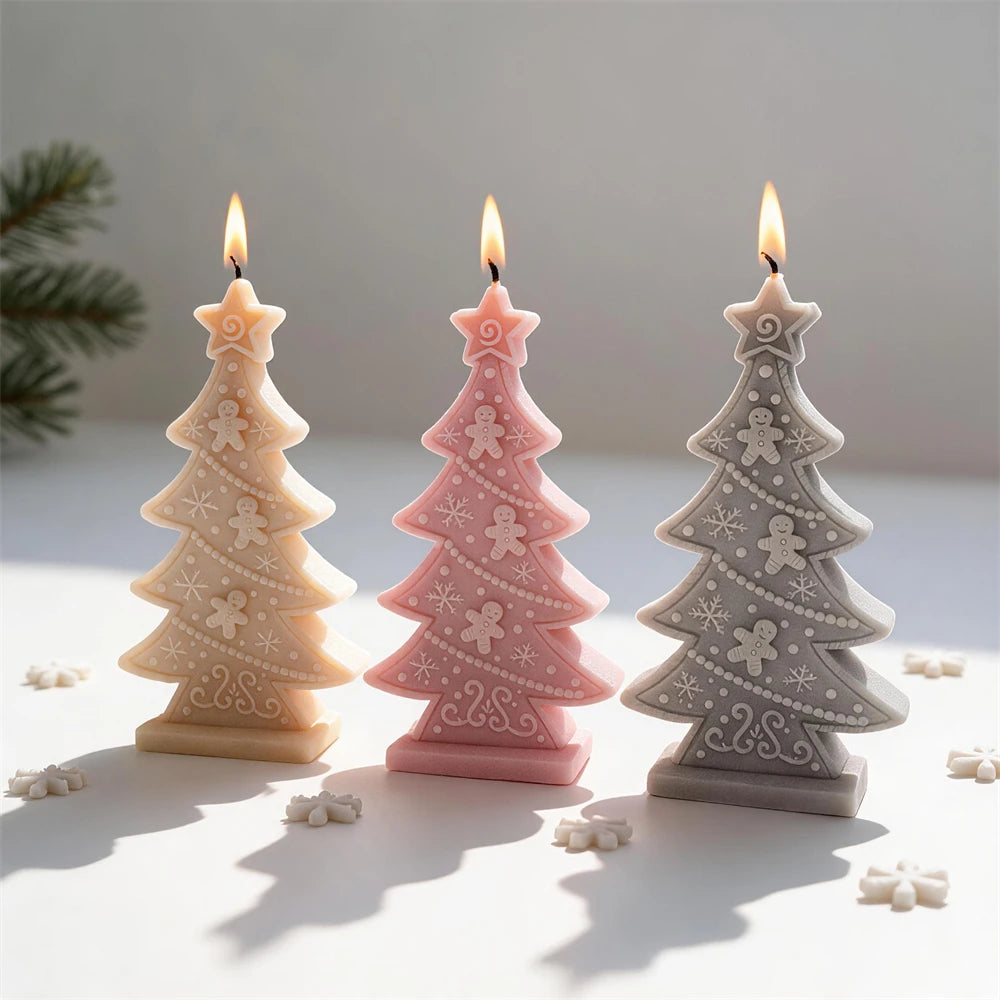 Gingerbread cookie Christmas tree candles with gingerbread men and snowflakes