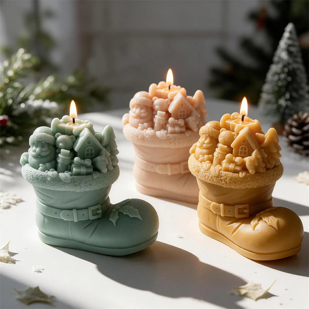 Santa Christmas boot candle with house gifts and pine trees