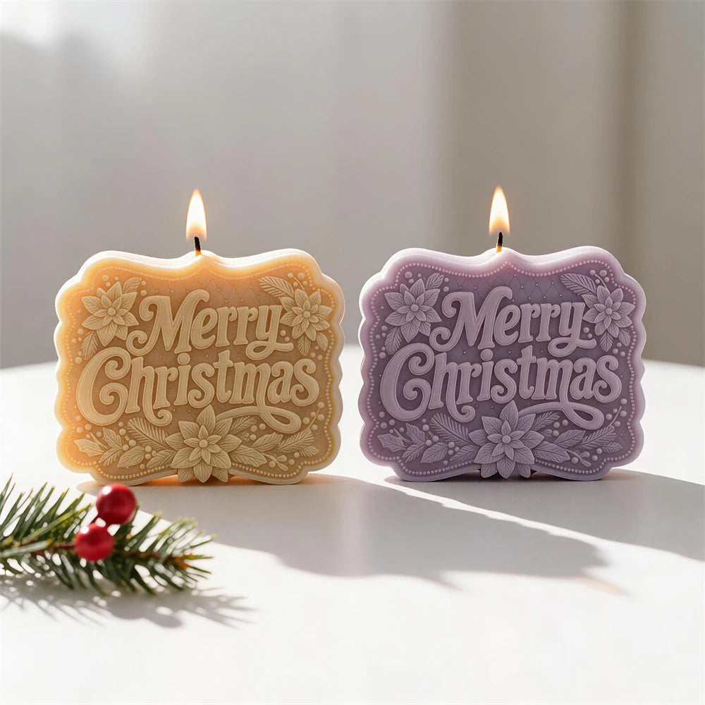 Poinsettia Merry Christmas plaque candles with raised festive lettering