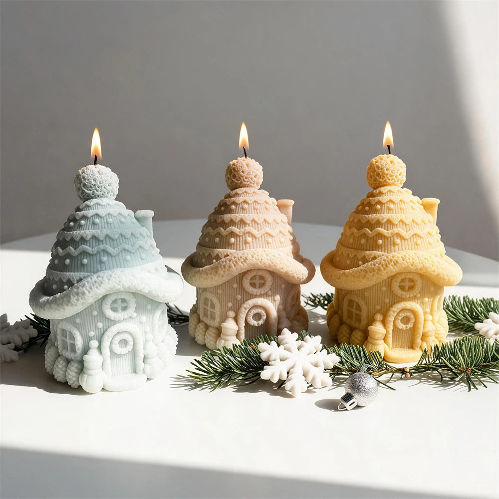 Winter house candle with knitted roof windows pinecones and snowy details