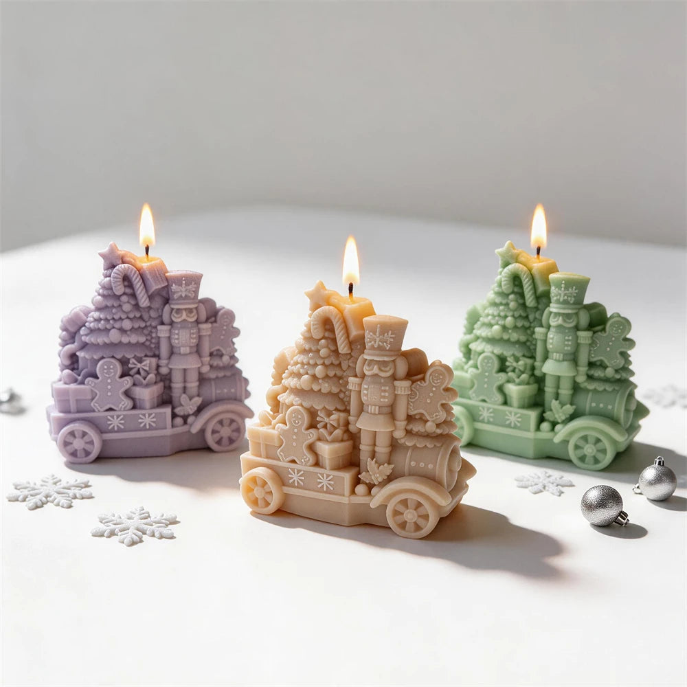Nutcracker Christmas train candles with tree gingerbread men and presents