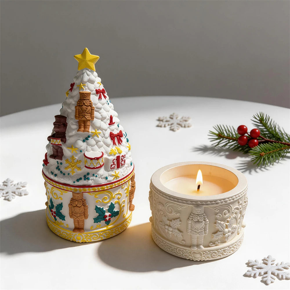 Ornate Nutcracker candle vessel with Christmas tree lid and star topper